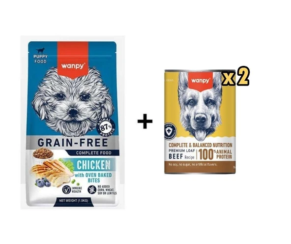 Wanpy Tahılsız Tavuklu Yavru Köpek Maması 1,5 Kg + 2 Adet Wanpy Tahılsız %100 Gerçek Et Biftekli Köpek Konservesi 375 gr ürün görseli 1