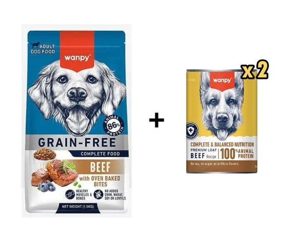 Wanpy Tahılsız Sığır Etli Yetişkin Köpek Maması 1,5 kg + 2 Adet Wanpy Tahılsız %100 Gerçek Et Biftekli Köpek Konservesi 375 gr ürün görseli 1