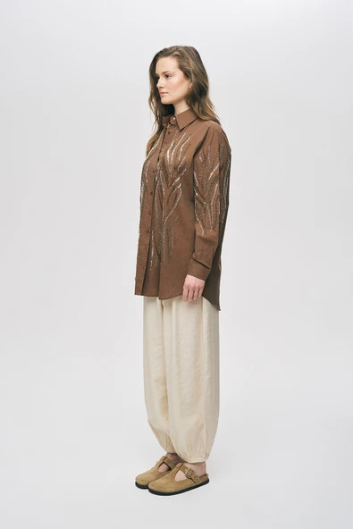 Kadın Dikey Dalgalı Boncuk Nakışlı Oversize Gömlek - Resim 9