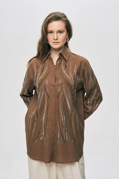 Kadın Dikey Dalgalı Boncuk Nakışlı Oversize Gömlek - Resim 6