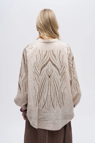 Kadın Sırtı ve Kolu Dikey Dalgalı Boncuk İşlemeli Oversize Kimono ürün görseli 1