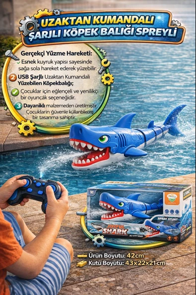 Uzaktan Kumandalı Şarjlı Köpek Balığı Oyuncak Spreyli Su Oyuncağı Işıklı 42 cm RC Shark ürün görseli 1