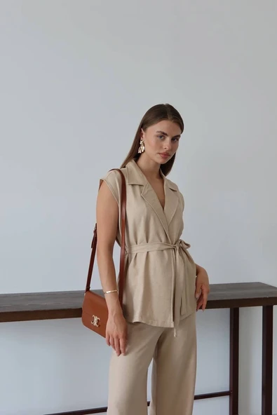 Keten yelek pantolon takım bej pt - Resim 2