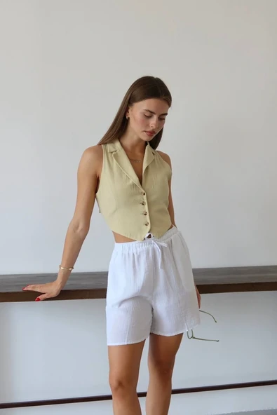 Müslin kumaş şort bağcıklı beyaz pt - Resim 5