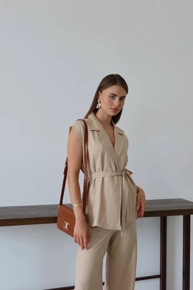 Keten yelek pantolon takım bej pt - Resim 6