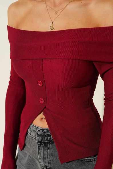 Madonna Yaka Düğmeli Bluz bordo - Resim 4