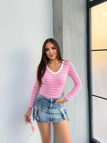 V yaka çizgili bluz pembe ürün görseli 1