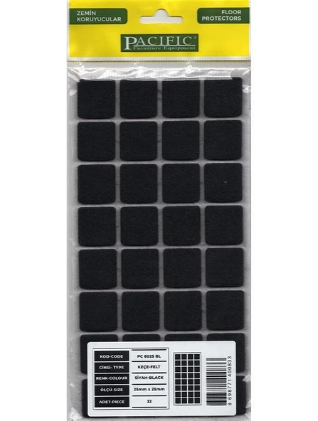 Pacific 6025 BL Yapışkanlı Keçe 25 mm X 25 mm Siyah ürün görseli 1