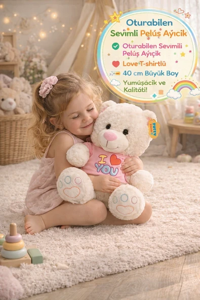 Pembe Tişörtlü Oturan Peluş Ayı Love Yumuşak Sevimli Oyuncak Büyük Boy Hediye Ayıcık 40 cm ürün görseli 1