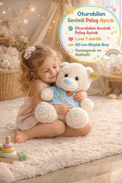 Mavi Tişörtlü Oturan Peluş Ayı Love Yumuşak Sevimli Oyuncak Büyük Boy Hediye Ayıcık 40 cm ürün görseli 1