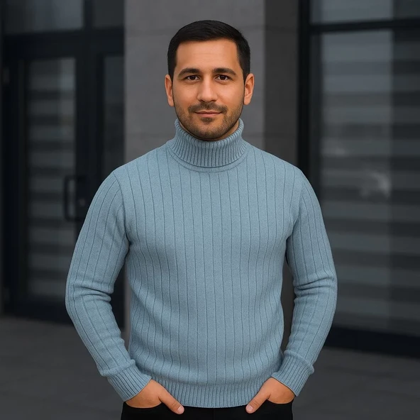Erkek Tam Boğazlı Balıkçı Yaka Triko Kazak Kalın Fitilli - Bebek Mavisi ürün görseli 1