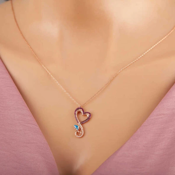 Gümüş Rose Kalpli Kelebek Kadın Kolye ürün görseli 1