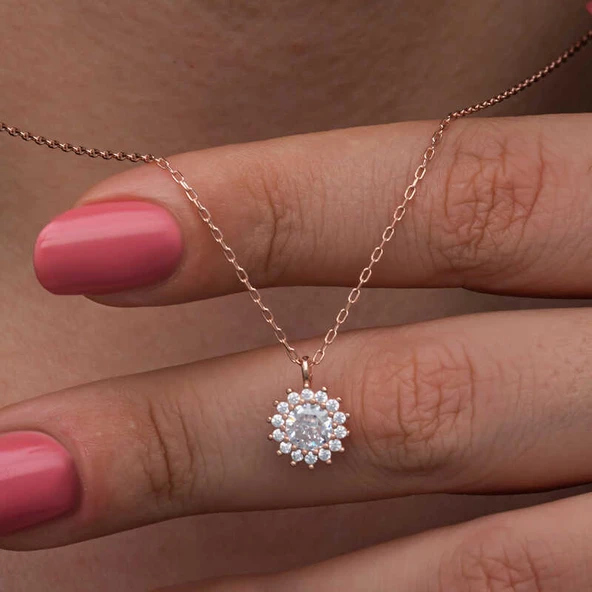 925 Ayar Gümüş Rose Minimal Yuvarlak Anturaj Kadın Kolye ürün görseli 1