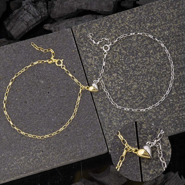 925 Ayar Gümüş Rodyum Gold Çift Kalpli Aşk Bileklik ürün görseli 1