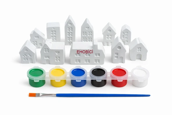Ehobici Taş Boyama Seti 11 Parça Evler 6 Renk Akrilik Boya 5ml + Fırça ürün görseli 1