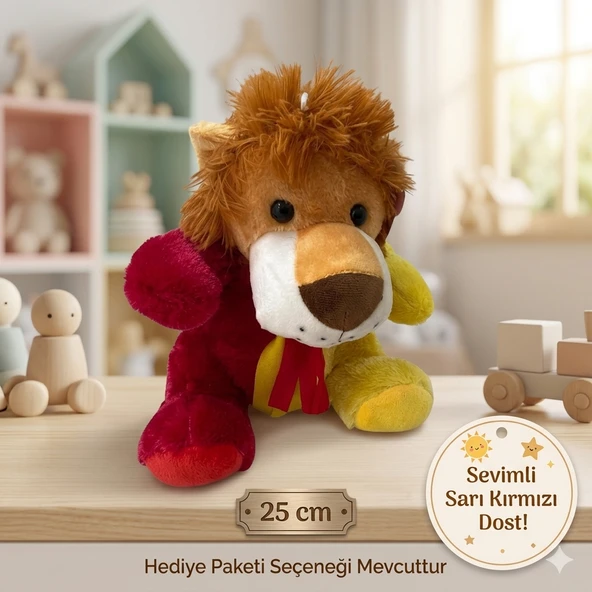 Sevimli Peluş Aslan 25 Cm Sarı Kırmızı Yumuşacık Oyuncak ürün görseli 1