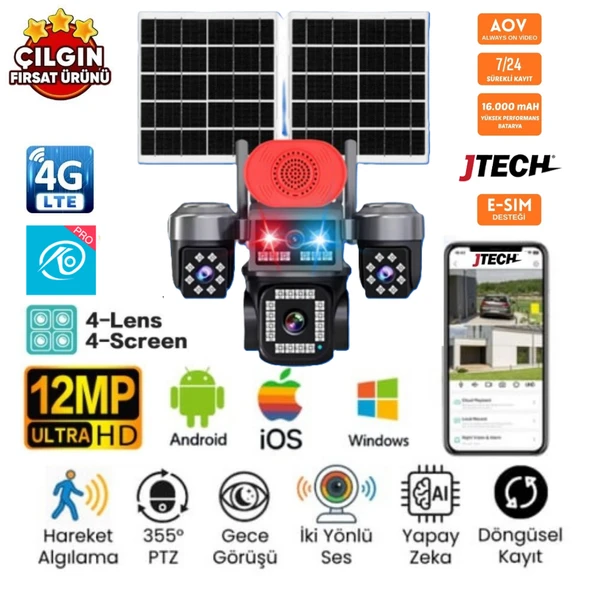 O-KAM OK-337 PREMiUM 4G AOV 12MP Sim Kartlı Solar Panelli 4Lens 1PTZ Akıllı Kamera ürün görseli 1