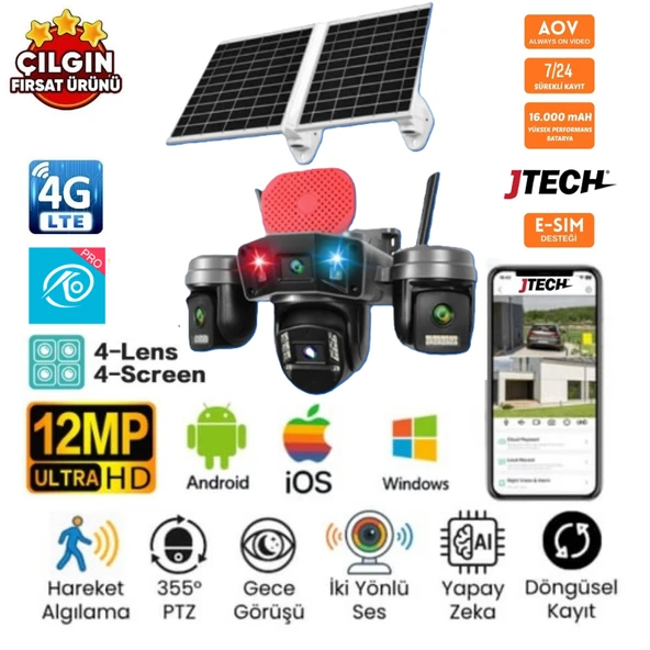 O-KAM OK-336 PREMiUM 4G AOV 12MP Sim Kartlı Solar Panelli 4Lens 1PTZ Akıllı Kamera ürün görseli 1