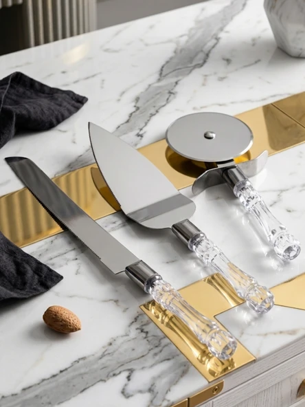 Mucit Home 3lü Kristal Görünümlü Saplı Çelik Servis Seti Pizza Kesici Kek Bıçağı Pasta Spatulası ürün görseli 1