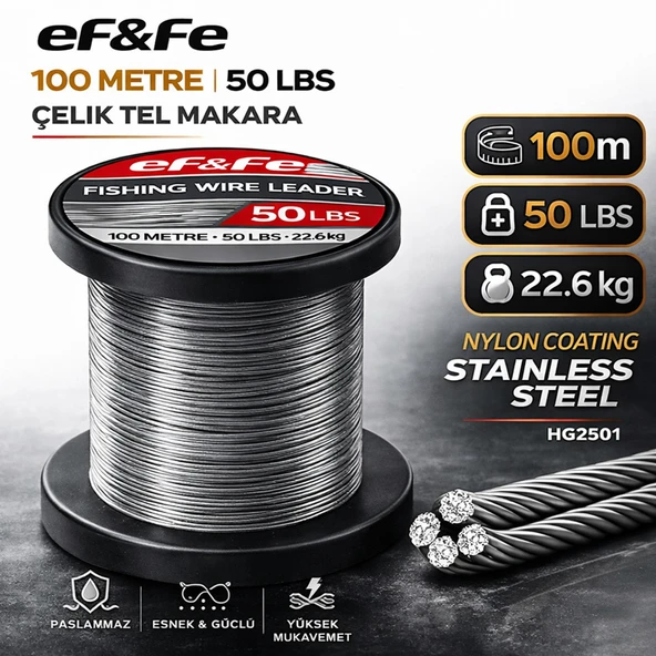 Effe HG2501 Çelik Tel Makara 100m 50Lbs 22.6kg Nylon Coating Stainless Steel ürün görseli 1