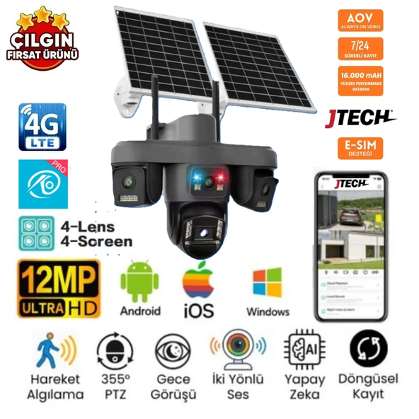 O-KAM OK-335 PREMiUM 4G AOV 12MP Sim Kartlı Solar Panelli 4Lens 1PTZ Akıllı Kamera ürün görseli 1