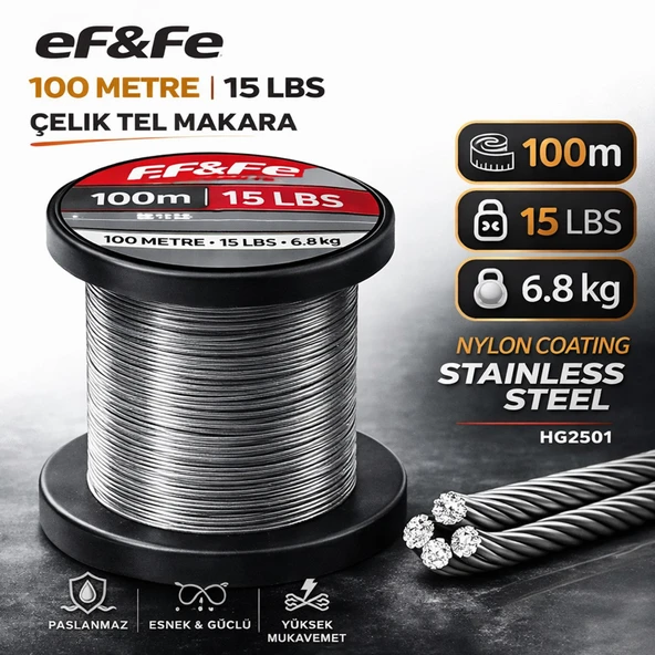 Effe HG2501 Çelik Tel Makara 100m 15Lbs 6.8kg Nylon Coating Stainless Steel ürün görseli 1