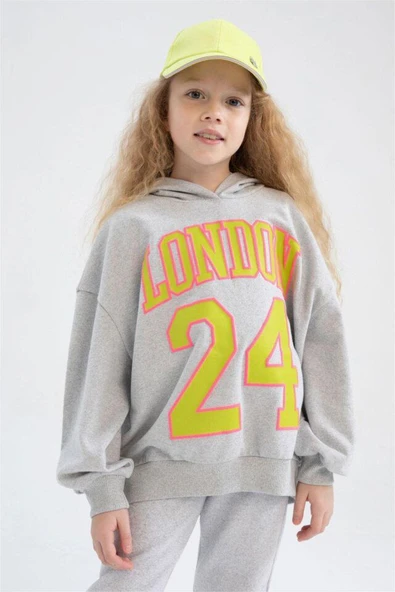 Oversize Kapüşonlu Baskılı Sweatshirt Kız Çocuk Z7848 ürün görseli 1