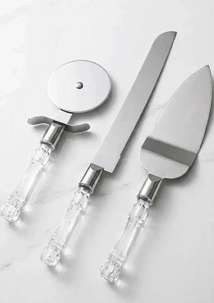 Mucit Home 3lü Kristal Görünümlü Saplı Çelik Servis Seti Pizza Kesici Kek Bıçağı Pasta Spatulası - Resim 2