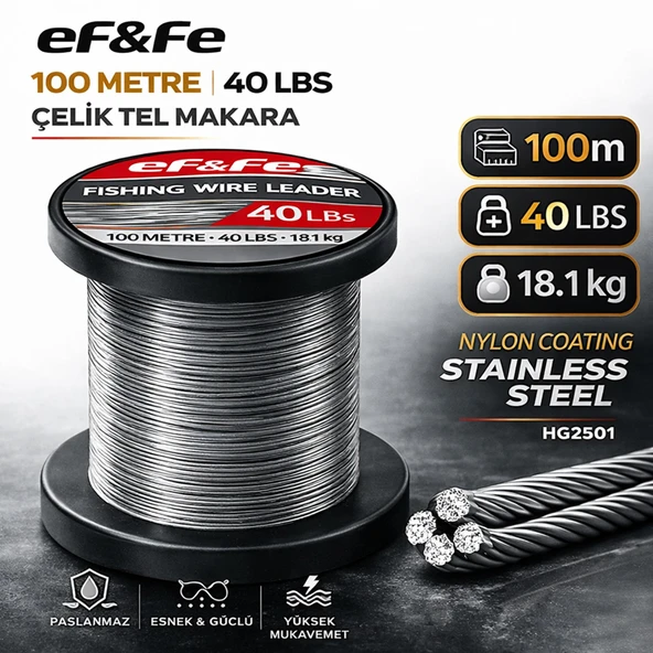 Effe HG2501 Çelik Tel Makara 100m 40Lbs 18.1kg Nylon Coating Stainless Steel ürün görseli 1