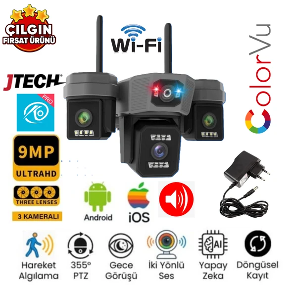 O-KAM OK-204PLUSW 9MP Wi-fi Polis Çakarlı 3Lens 1PTZ Akıllı Kamera ürün görseli 1