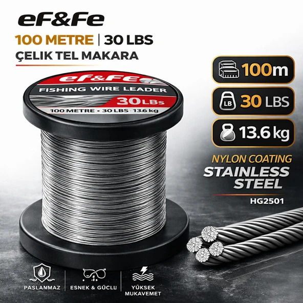 Effe HG2501 Çelik Tel Makara 100m 30Lbs 13.6kg Nylon Coating Stainless Steel ürün görseli 1