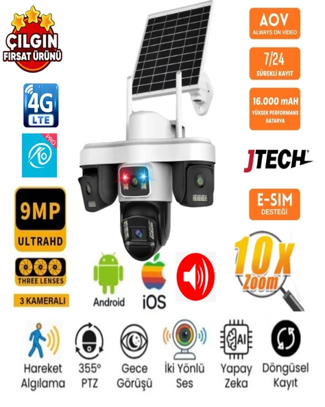 O-KAM OK-301 PREMiUM 4G AOV 9MP Sim Kartlı Solar Panelli 3Lens 1PTZ Akıllı Kamera ürün görseli 1