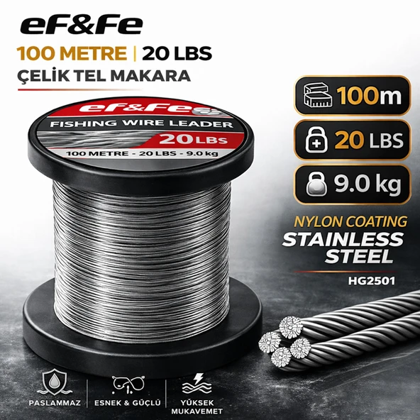 Effe HG2501 Çelik Tel Makara 100m 20Lbs 9.0kg Nylon Coating Stainless Steel ürün görseli 1