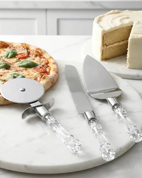Mucit Home 3lü Kristal Görünümlü Saplı Çelik Servis Seti Pizza Kesici Kek Bıçağı Pasta Spatulası - Resim 4