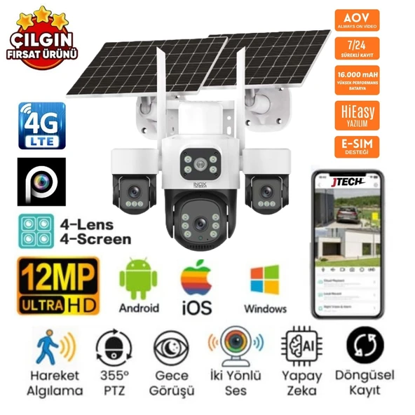 INOX X14 4x3MP 12MP 4G AOV e-Sim Kartlı 2xSolar Panelli 4Lens 1PTZ Akıllı Kamera ürün görseli 1