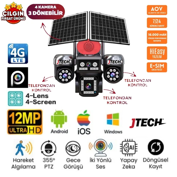JTECH JT-S446 4x3MP 12MP AOV 4G e-Sim Kartlı 2xSolar Panelli 4Lens 3PTZ Akıllı Kamera ürün görseli 1