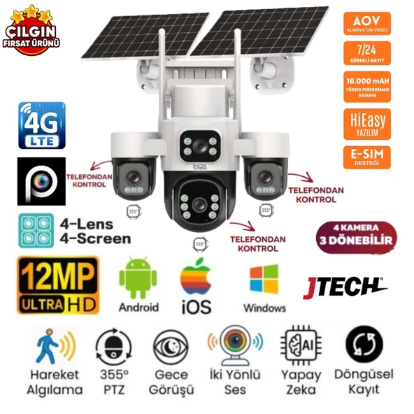 INOX X24 4x3MP 12MP 4G AOV e-Sim Kartlı 2xSolar Panelli 4Lens 3PTZ Akıllı Kamera ürün görseli 1
