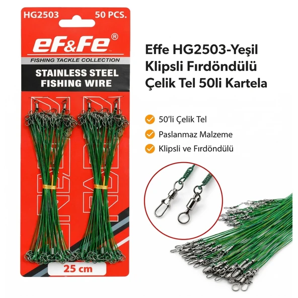 Effe HG2503-Yeşil Klipsli Fırdöndülü Çelik Tel 50li Kartela 25cm ürün görseli 1