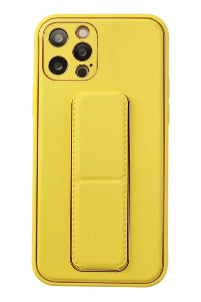 Newface Apple iPhone 12 Pro Kılıf Coco Deri Standlı Kapak - Sarı ürün görseli 1