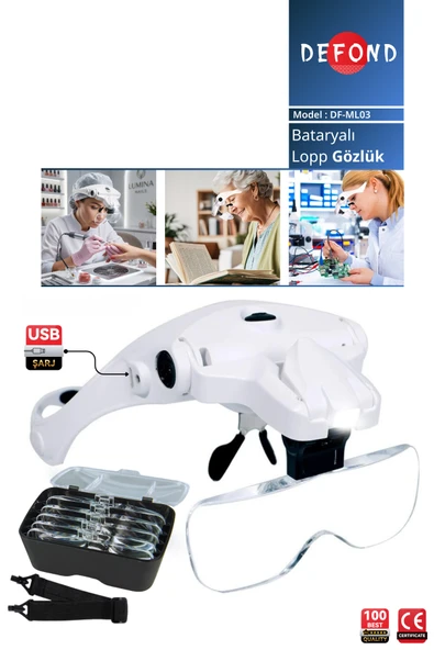 5 Lensli 2 Led Işıklı Ayarlanabilir Loop Gözlük Tipi Büyüteç - Bataryalı Model DF-ML03 ürün görseli 1
