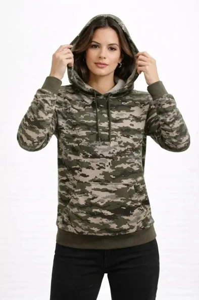 Kamuflaj Desenli 2 İplik 4 Mevsim Kapüşonlu Kanguru Cepli Hoodie Sweatshirt - Kamuflaj ürün görseli 1