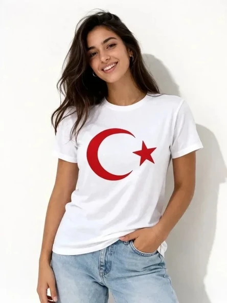T-Shirt Kısa Kol Bisiklet Yaka Ay Yıldız Bayrak Baskılı Tişört - Beyaz ürün görseli 1