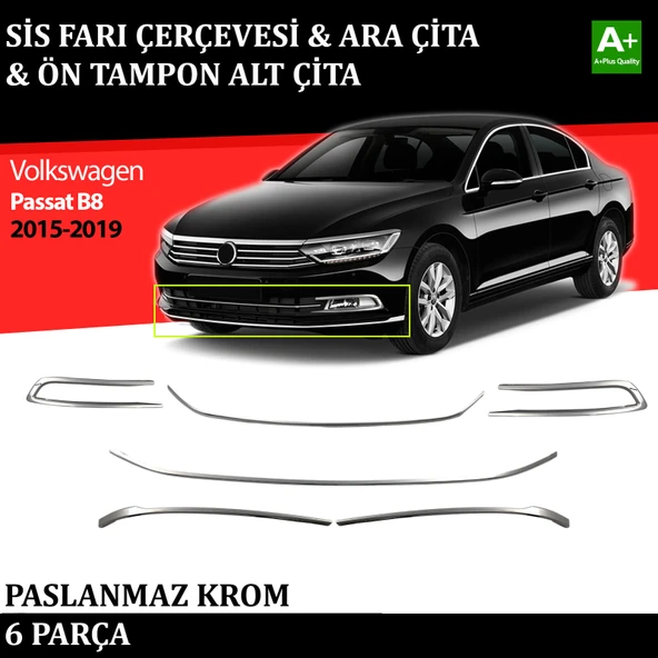 VW Passat B8 Sis Farı Çerçevesi & Ara Çıtası & Tampon Çitası Krom Takımı 2015 2016 2017 2018 2019 (6 parça) ürün görseli 1