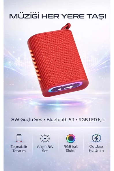 8W RGB Işıklı Taşınabilir Bluetooth Hoparlör - Suya Dayanıklı Tasarım ürün görseli 1