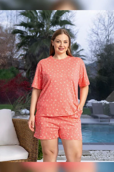 Aydoğan Kadın Lara Büyük Beden Şortlu Cotton Mercan Pijama Takım 0142 ürün görseli 1