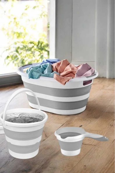Mini Katlanır Set 3lü Set - Çamaşır Sepeti 25 Lt - Kova 6 Lt - Maşrapa 1 Lt ürün görseli 1