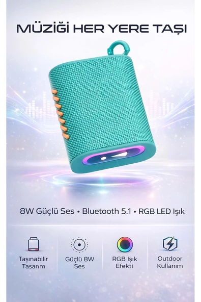 8W RGB Işıklı Taşınabilir Bluetooth Hoparlör - Suya Dayanıklı Tasarım ürün görseli 1