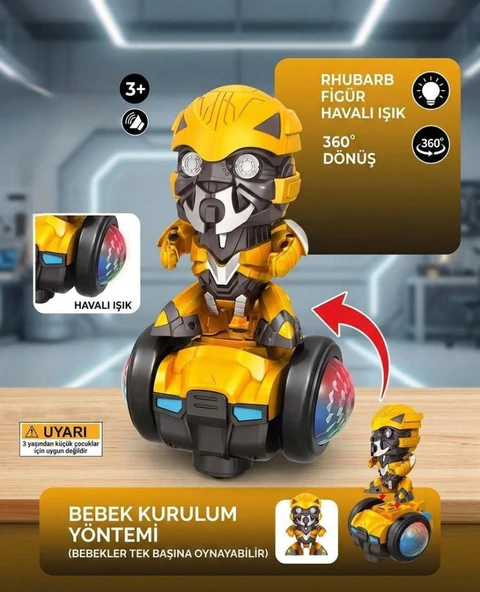 Sesli Müzikli Işıklı Bumblebee Temalı 360° Dönebilen Dans Eden Robot Figürlü Oyuncak Araba ürün görseli 1