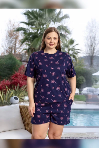 Aydoğan Kadın Lara Büyük Beden Şortlu Cotton Lacivert Pijama Takım 0152 ürün görseli 1