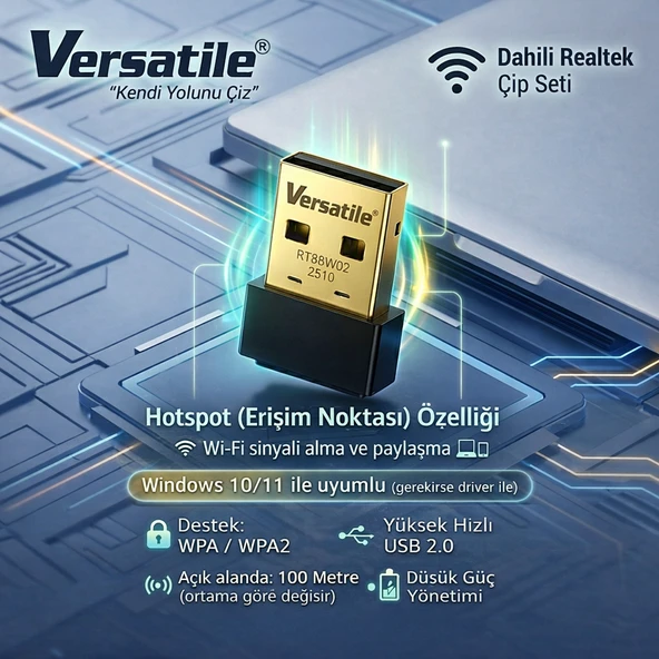 Versatile USB WiFi Adaptör 150 Mbps Mini Alıcı Realtek 8188FTV Hotspot Win10/11 ürün görseli 1